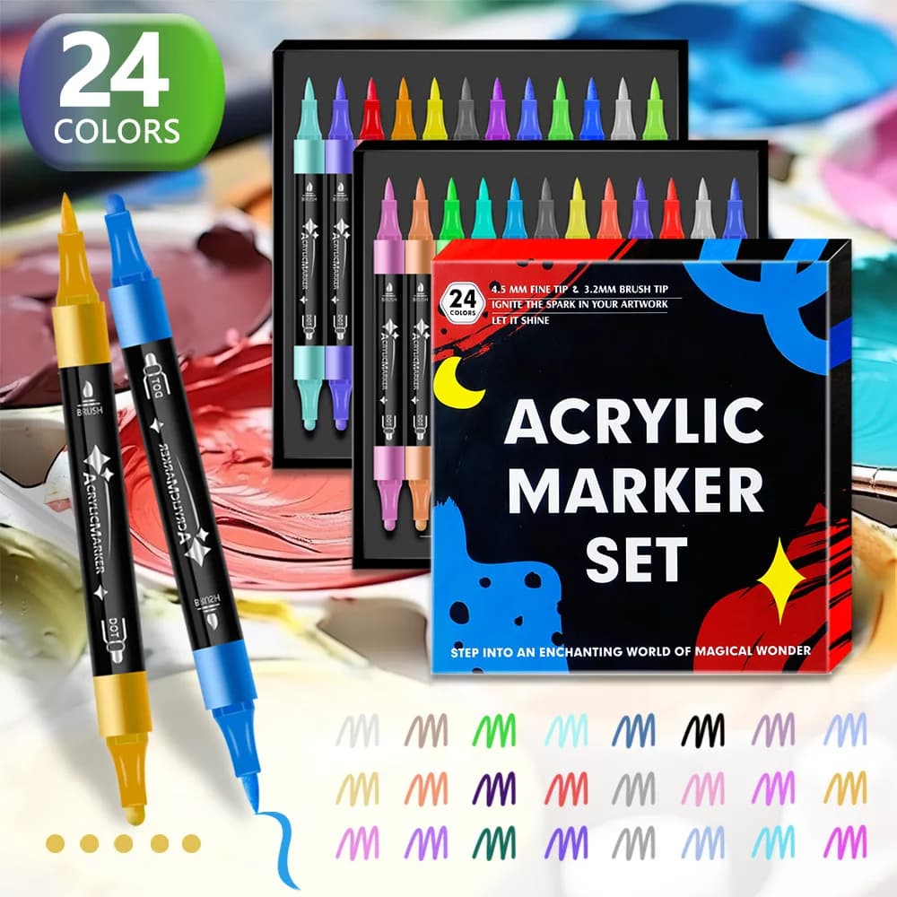 24/12 Colors Dual Tip Acrylic Paint Pens Marker for Rock Painting Wood Canvas Plastic Metal For DIY Crafts Making Art Supplies