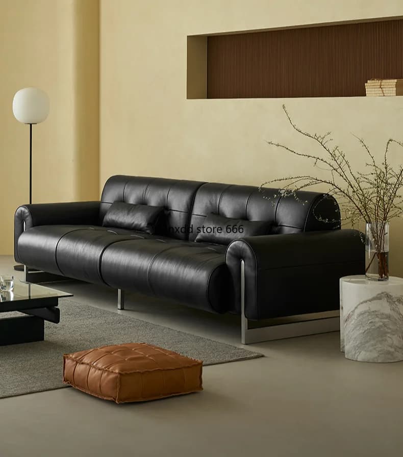 Living room first layer cowhide retro medieval black sofa