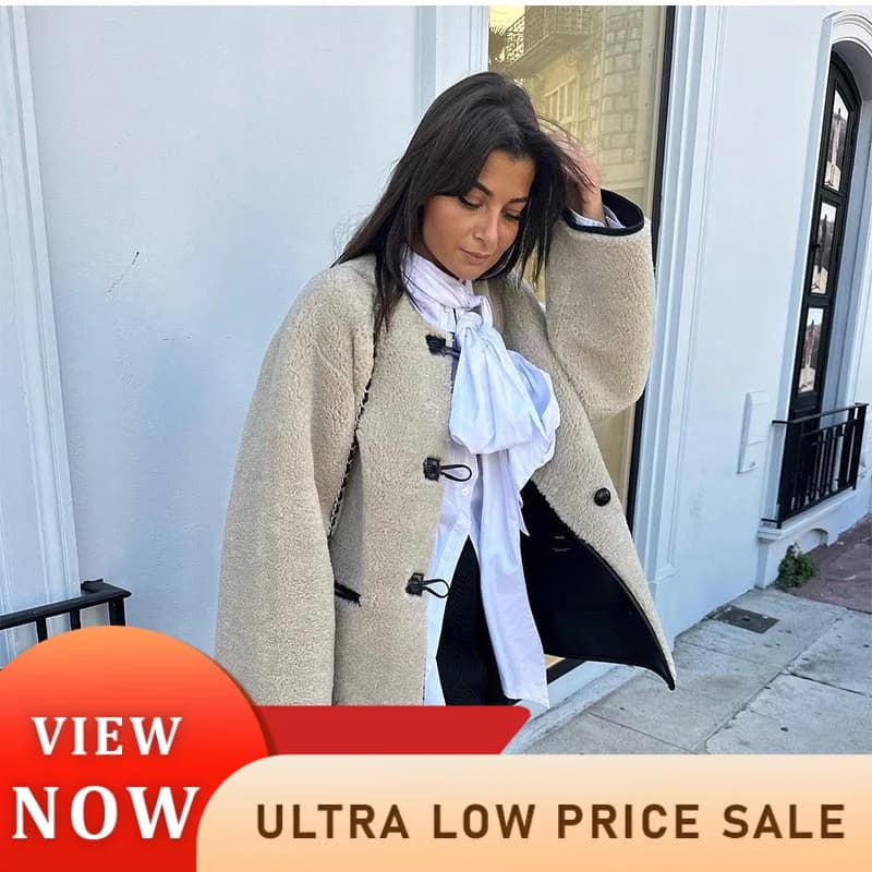 2024 Chic Women's Thermal Lamb Wool Coats Fashion O-neck Full Sleeves Single Breasted Jackets 2024 Female Thick Warm Streetwear