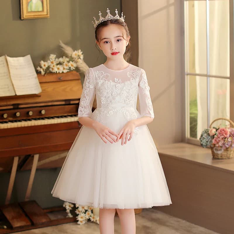 Girls' Dress Half Net Sleeve Ankle-Length Tutu Mesh Yarn Dress Elegant White Embroidered Flower Girl One-piece For Wedding