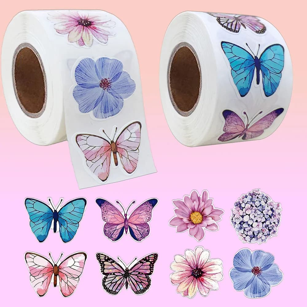 500Pcs/Roll Vivid Butterfly Flowers Stickers 2.5cm/1.0inch Diy Decals Decor Use to Adorn Gifts Notebook Kettle Phone Seal Labels