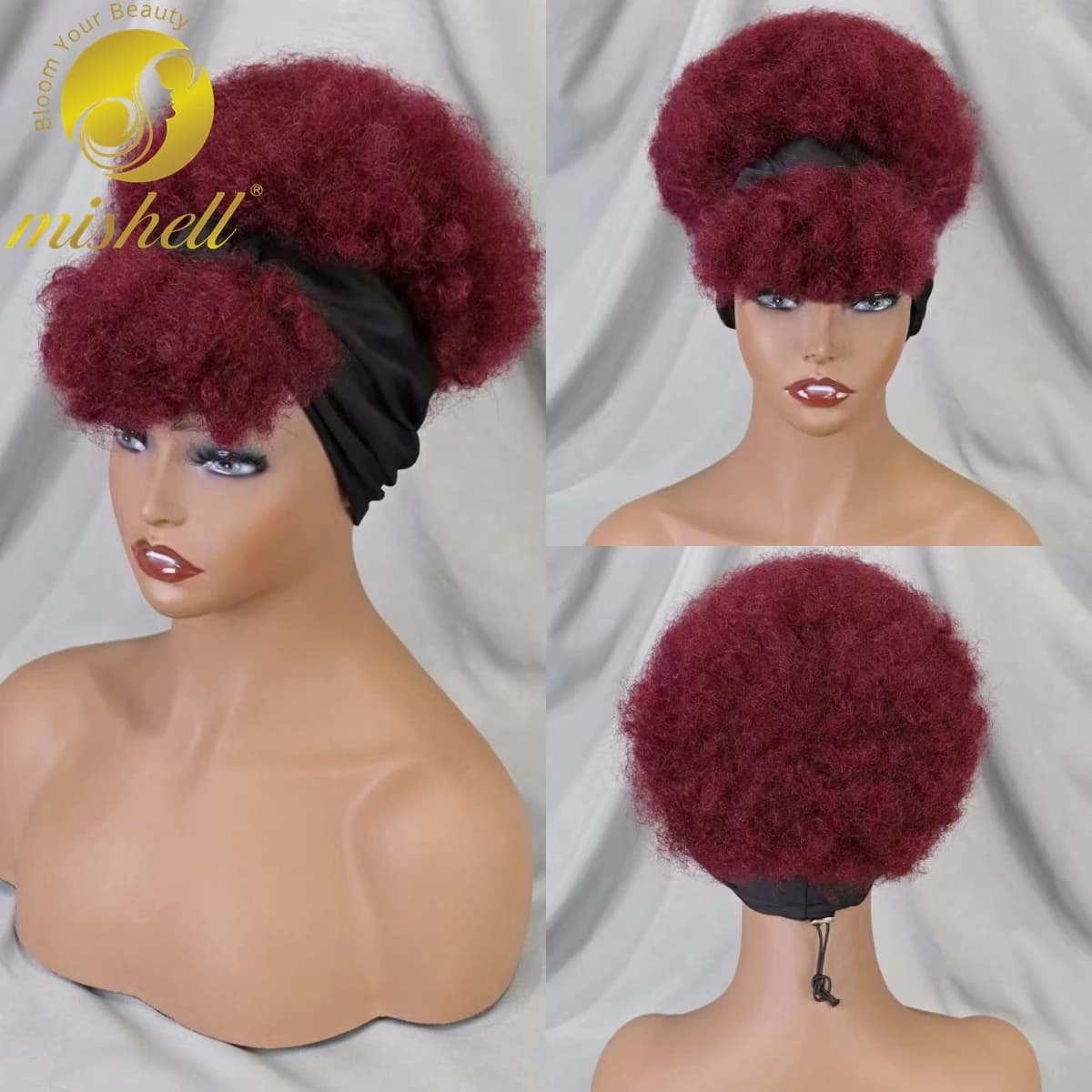 Burgundy 99J# Machine Made Wig Afro Kinky Curly Scarf Wigs with Bangs  Bouncy Curly Human Hair Wig 200% Density for Black Women