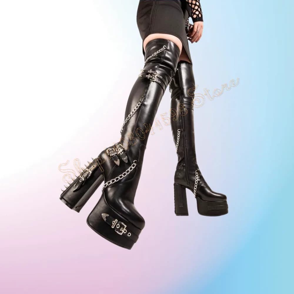 Black Platform Over the Knee Boots Side Zipper Chain Decor Rivet Decor High Heel Shoes for Women Heels 2024 New Zapatos Para Muj