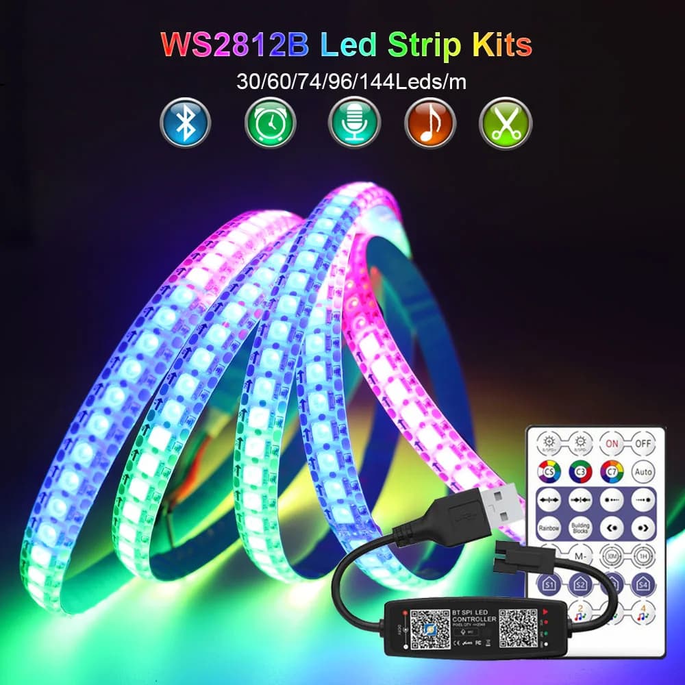 WS2812B LED Strip USB Bluetooth Music Controller Kit Individually Addressable Smart RGB LED Strip 30/60/74/96/144Leds/m DC5V