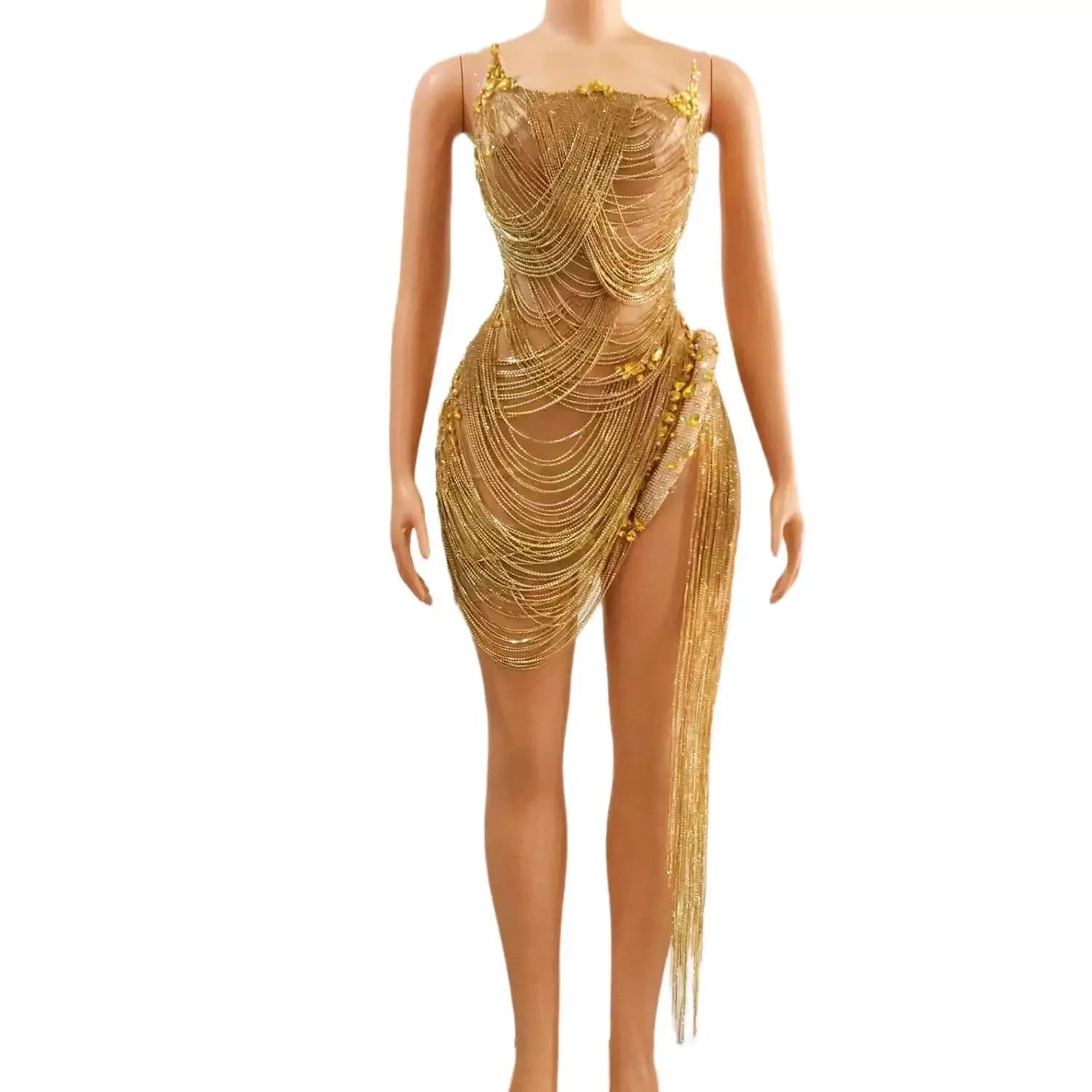 Sparkly Gold Drill Women Prom Dress Sexy See Through Birthday Queen Outfit Singer Stage Performance Wear Party Costume Luoli