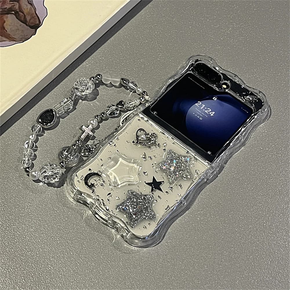 Korean 3d Glitter Star Clear Phone Case For Samsung Galaxy Flip 6 Flip5 Flip4 Flip3 Epoxy Cover Wavy Border Protective Cover Fun