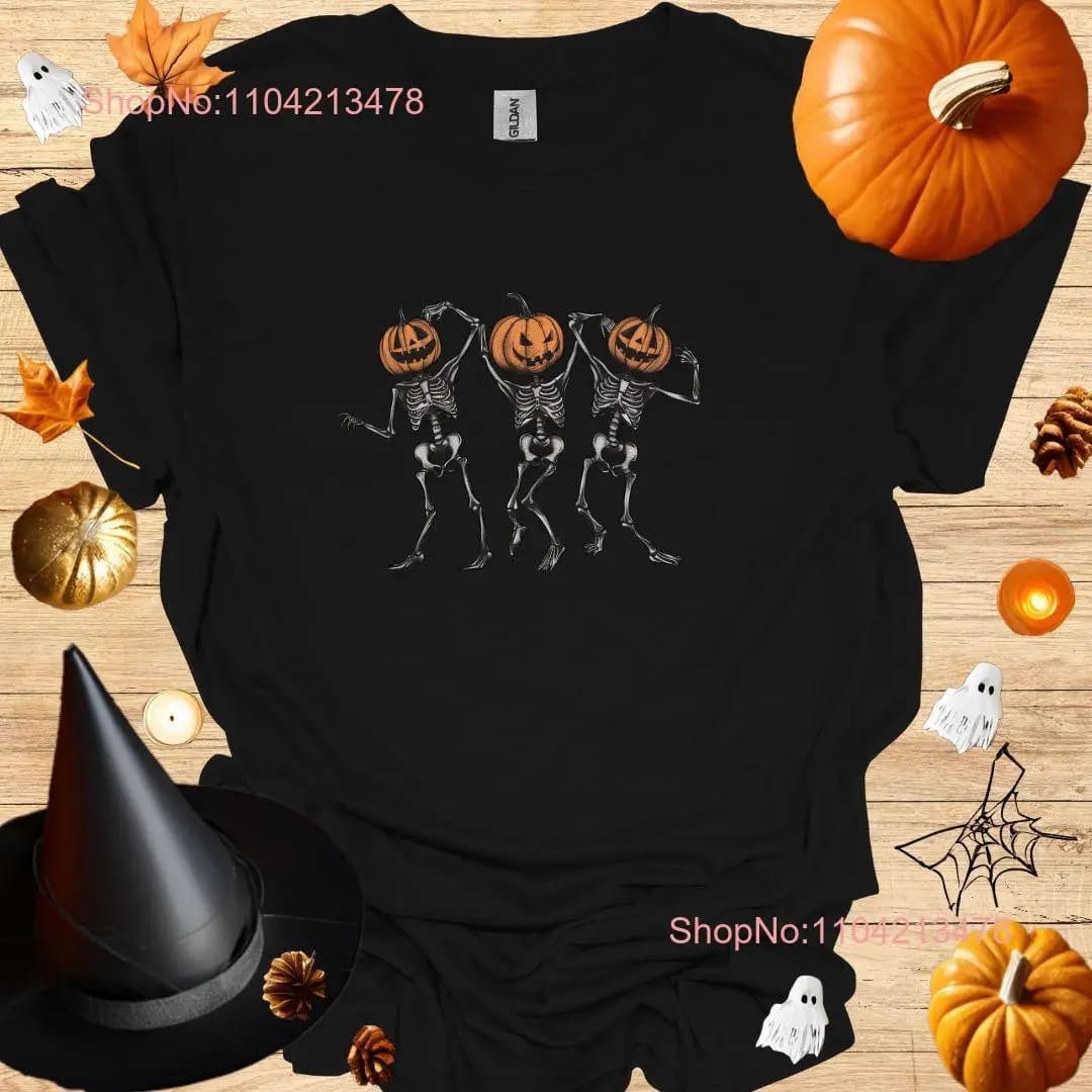 Dancing Skeletons with Pumpkin Heads Halloween T Shirt Spooky Skeleton long or short sleeves