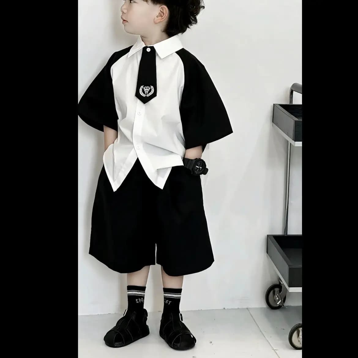 3 PCS Set Summer Boy Clothing Set Patchwork Shirt+ Black Shorts + Tie Kid Children Baby Toddler Gentleman Handsome Clothes 2-9 Y