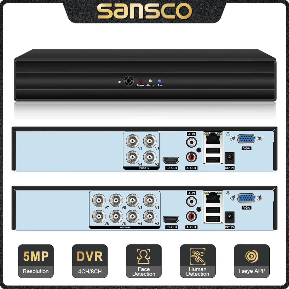 SANSCO H.265 4CH/8CH CCTV DVR 5MP 5 in 1 AHD CVI TVI CVBS IP Camera Hybrid Digital Video Recorder Home Security System Onvif