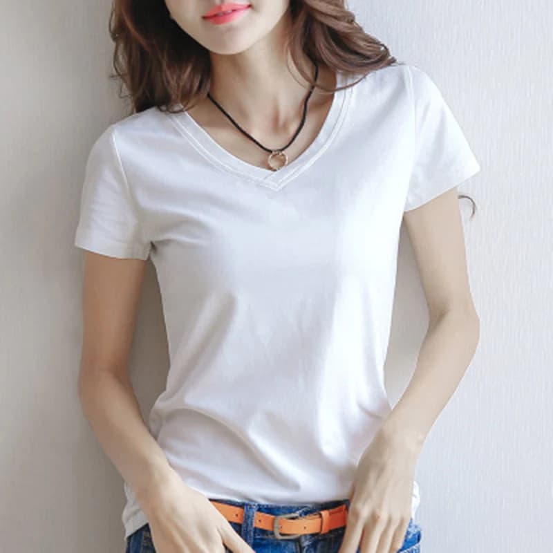 2025 Spring Summer Women T-shirt Black V-Neck Short Sleeve Female Tee Slim White T-Shirt Casual Solid Color Lady Tshirt Tops