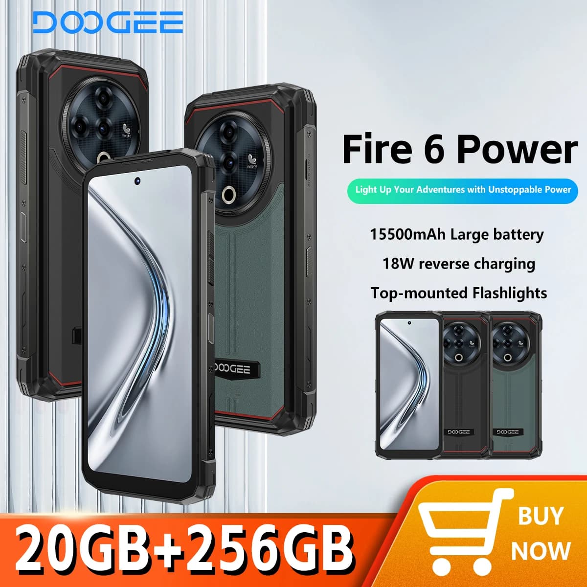 DOOGEE Fire 6 Power Rugged Smartphone 6.56" IPS Screen 15500mAh Battery Unisoc T606 8GB+256GB 50MP Camera Android 14 NFC