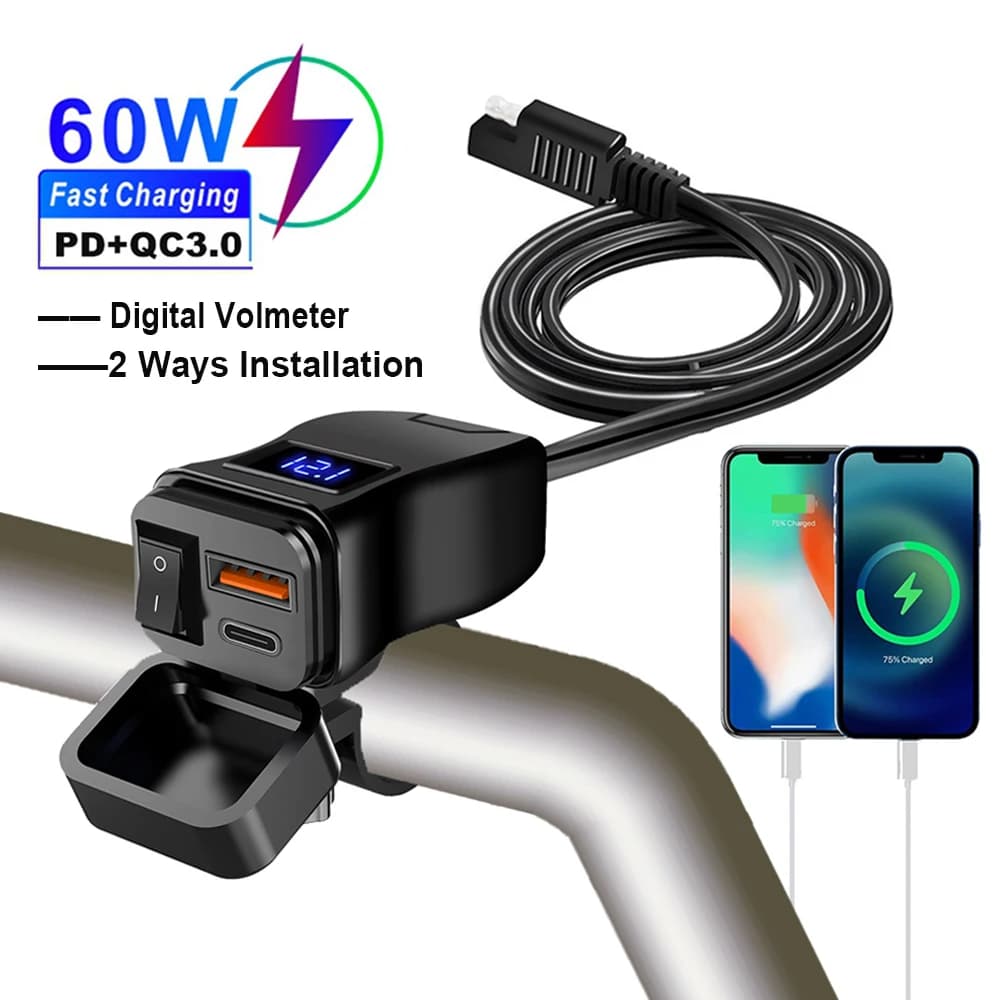 6.8A PD+QC3.0 Motorcycle Phone Charger Handlebar Dual USB Socket 60W Waterproof 12V Power Supply Adapter with Switch Voltmeter