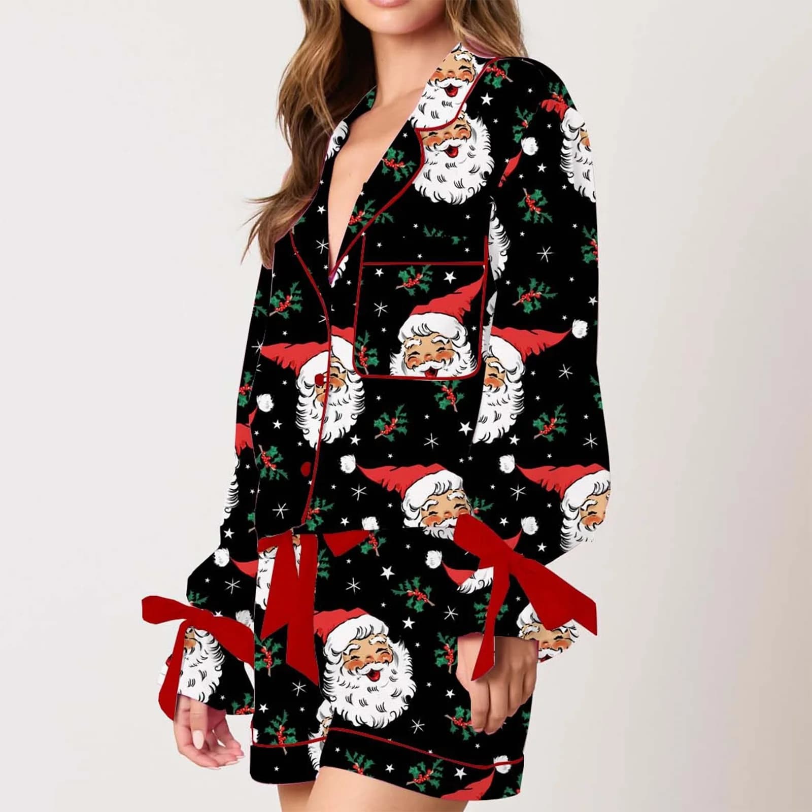 HEZIOWYUN Women's 2Piece Pajamas Loose Fit Set Christmas Print Long Sleeves Shirt + Elastic Shorts for Loungewear Soft Sleepwear