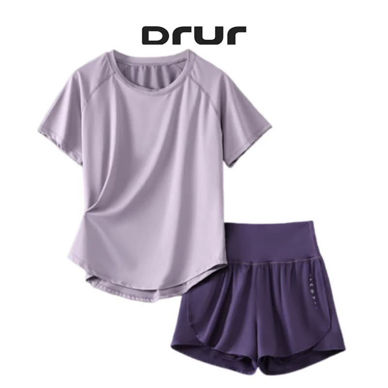 DRUR 2pcs Yoga Set Women Summer Sports Suit 2 Piece Sportswear Outfits Female Short Sleeve Fitness Tops Running Shorts Sets New