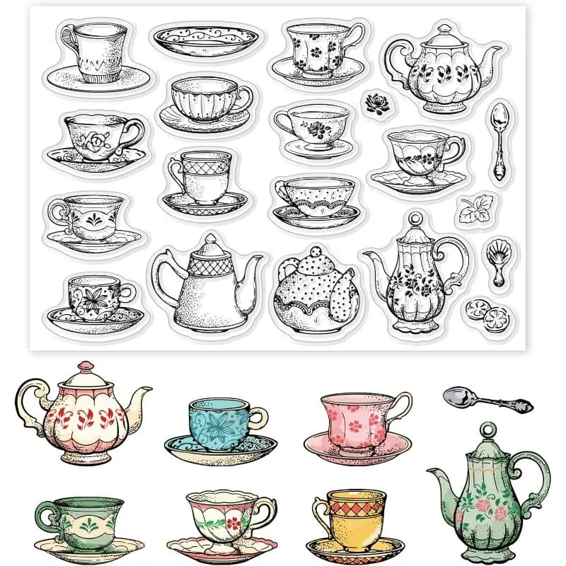 1PC Tea Coffee Cups Clear Stamps Afternoon Tea Theme Embossing Stamp Sheets Teapot Silicone Seal Rubber DIY Scrapbooking Card