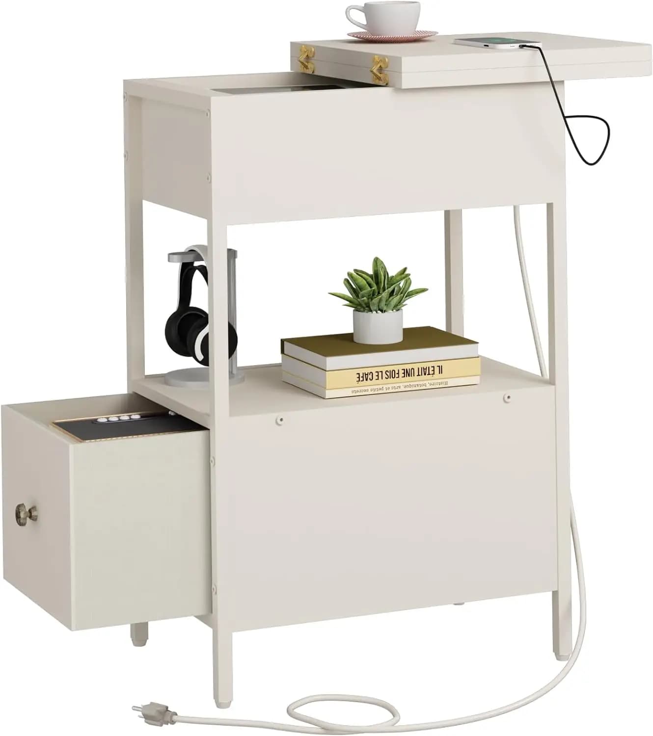 End Table with Charging Station, Narrow Side Table with Flip Top Cabinet and Fabric Drawer, Nightstand Bedside Tables for Small