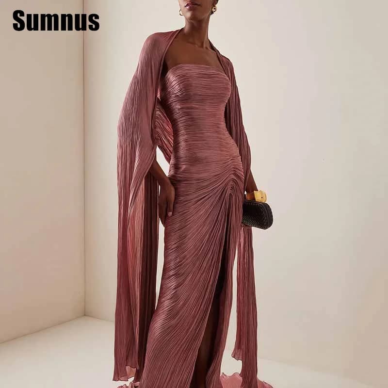 Sumnus Classic Mermaid Prom Dress Strapless With Cape Pleats High Slit Party Dresses Evening Dress With Train Customized