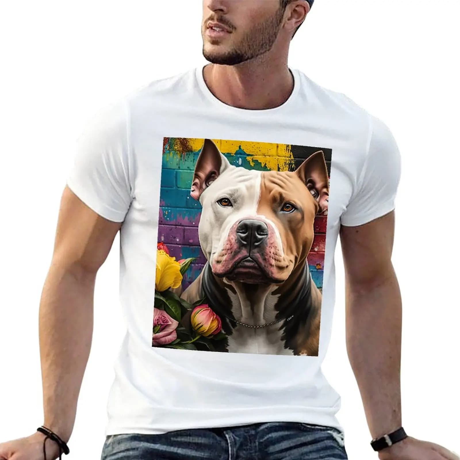 New American Bully with Flowers T-Shirt funny t shirt cute clothes quick drying shirt Short sleeve tee t shirts for men graphic