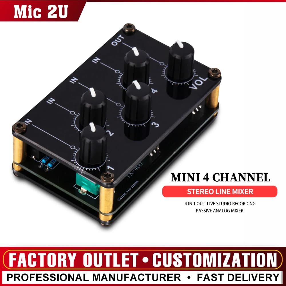 Mini 4 Channel Stereo Line Mixer 4in1out for Live Studio Recording Portable Passive Analog Audio Sound Mixing Console Low Noise