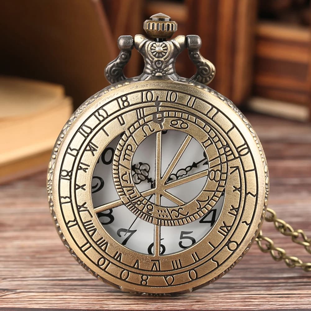 Zodiac Compass hollow out Pattern Bronze Retro Quartz Pocket Watches Men Women Necklace Watch Antique Pendant Gifts
