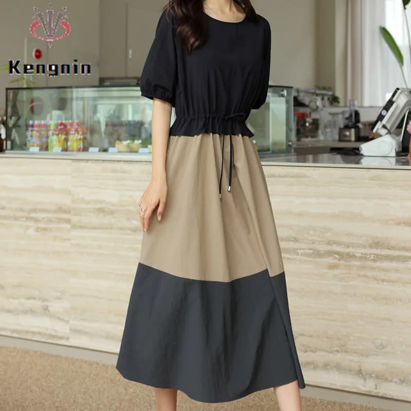 Autumn Korean Fashion Women's Dresses Loose Plus Size 5XL O-Neck Lady Vestidos Patchwork Fake Two Piece Female Robe KE3593