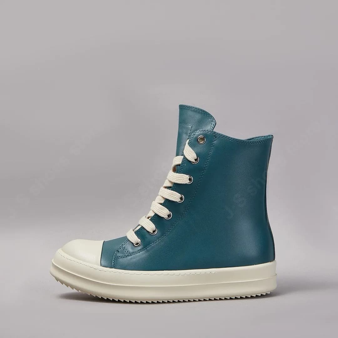 Ricks Men Shoe Cyan Leather High Top Shoe Lace Up Owens Women Sneaker Casual Shoe Owens Design Zipper Cowhide Shoes Sneakers