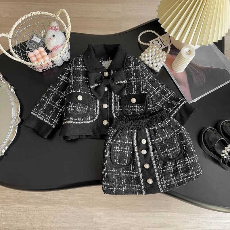 Autumn Winter Children Girl 2PCS Clothes Set Cotton Turn Down Collar Bow Coat Plaid Elastic Waist Skirt Infant Baby Girl Outfits