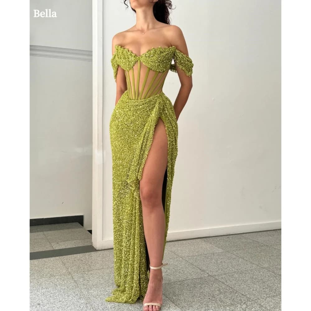 Bella Customized Green Sequins One Shoulder Side Slit robes de soirée Strapless Lace Party Dresses Land-Length Prom Dress 2025