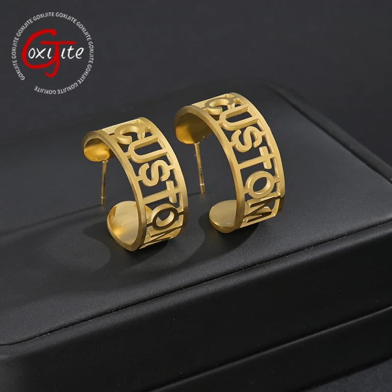Goxijite Custom Name Stud Earring For Women Stainless Steel Personalized Semi Circle Nameplate Piercing Earrings Best Gift