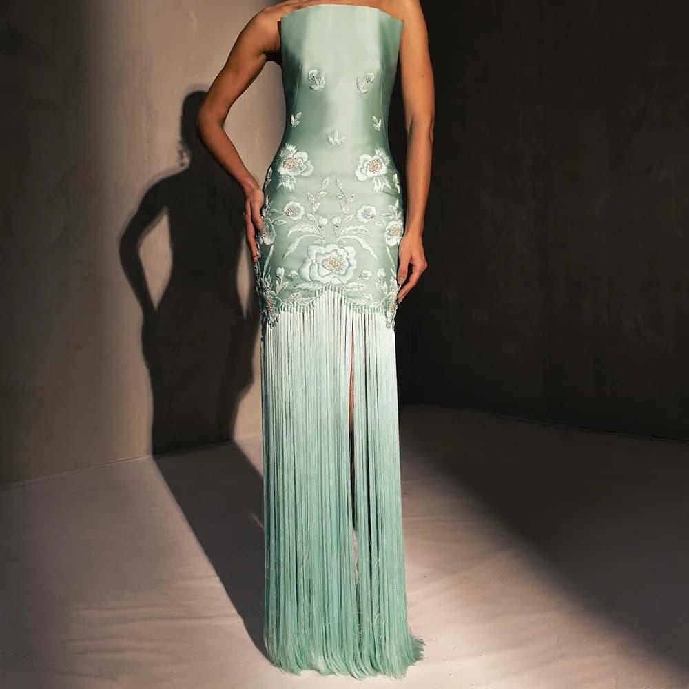 Customized Elegant Embroidery Tassel Satin Evening Dress Fashion Strapless Straight Sleeveless Floor Length Vestidos De Fiesta