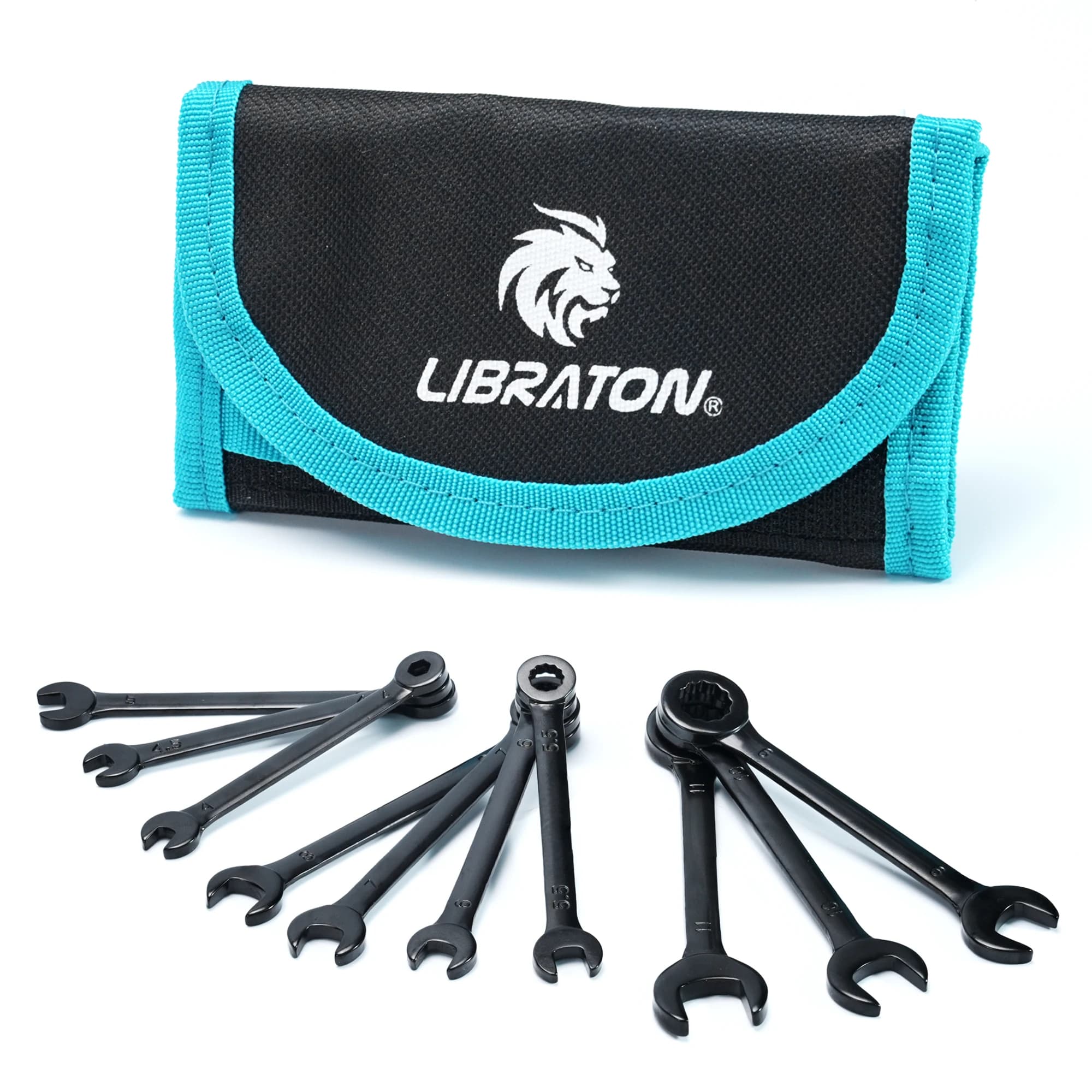 LIBRATON 10PCS Mini Combination Wrench Set with Rolling Pouch Metric 4-11mm/SAE 5/32"-7/16" Carbon Steel