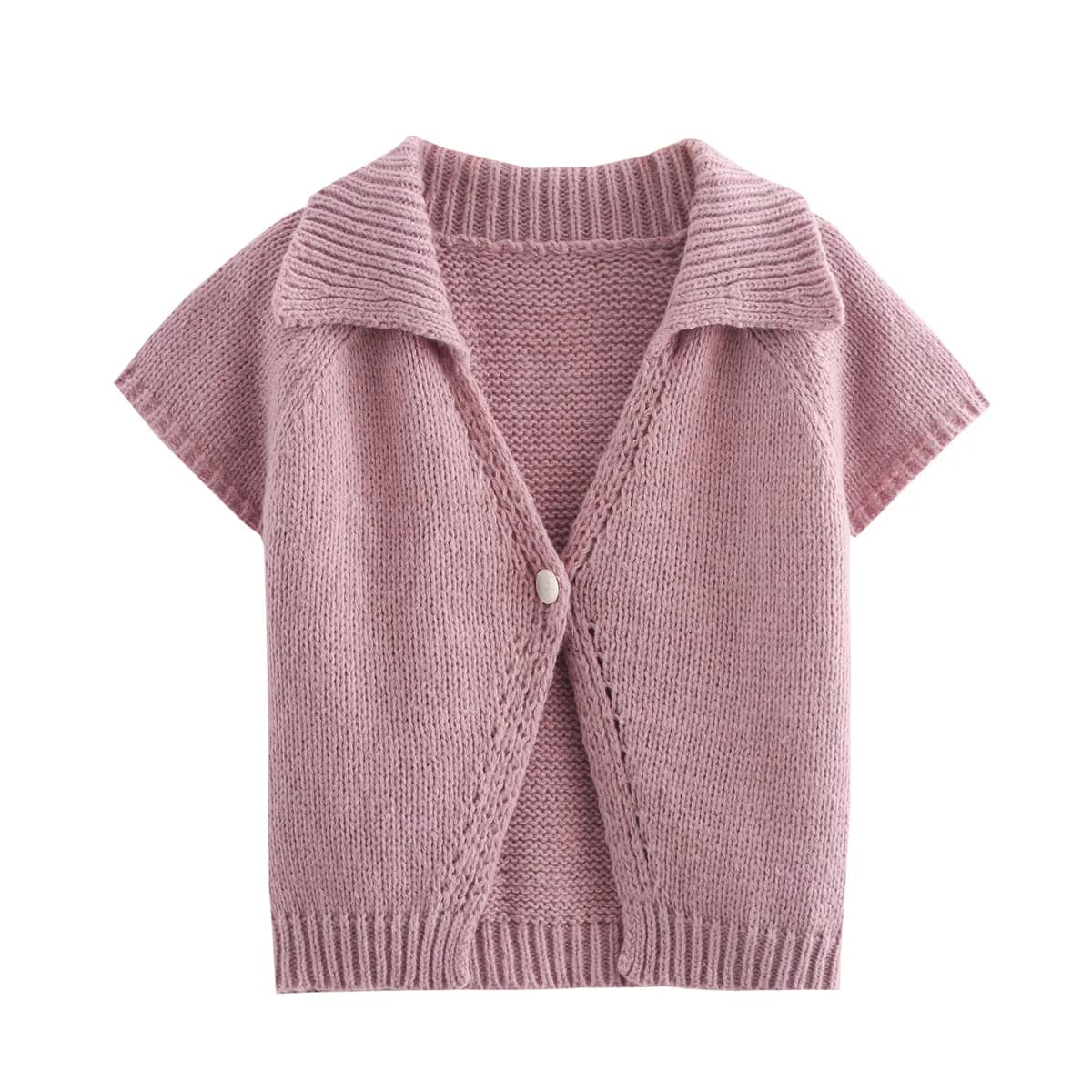 Vintage Solid  Woman Single-Button Pink Sweater Ladies Hollow Out V-neck Short-Sleeve Girls Female knitted sweater