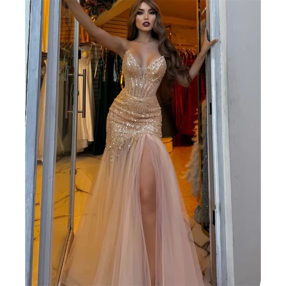 Strapless Mermaid Prom Dresses Sequined robes de soirée Side High Split Evening Dresses Valentines Day Customized Wedding Dress