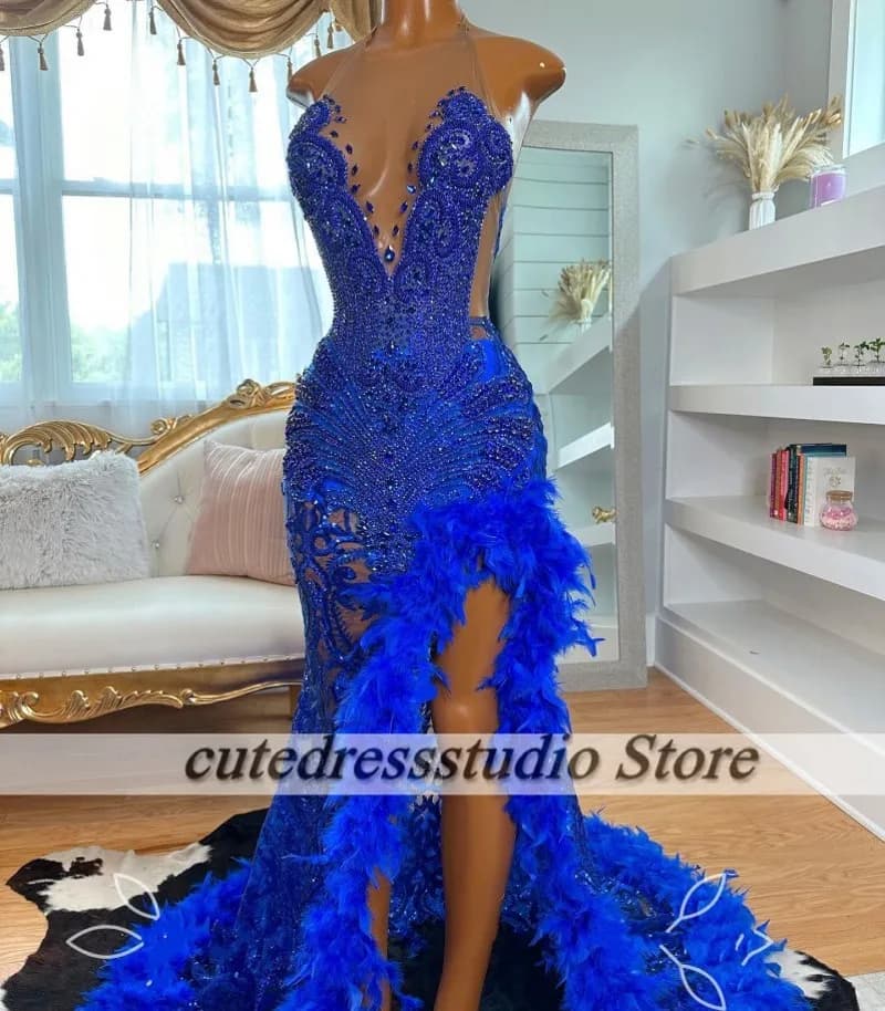 Luxury Crystal Royal Blue Prom Dresses Black Girl 2025 Party Gown Sequin Split Evening Dress vestidos de graduación Customized