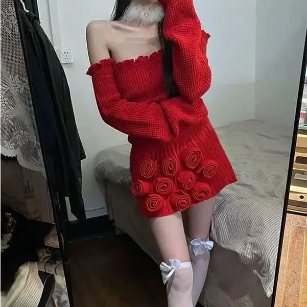 Christmas Knitted Two Piece Set Y2k Sexy Women Patchwork Sweet Mini Skirt Set Women Korean Style Design Casual Sweater Set