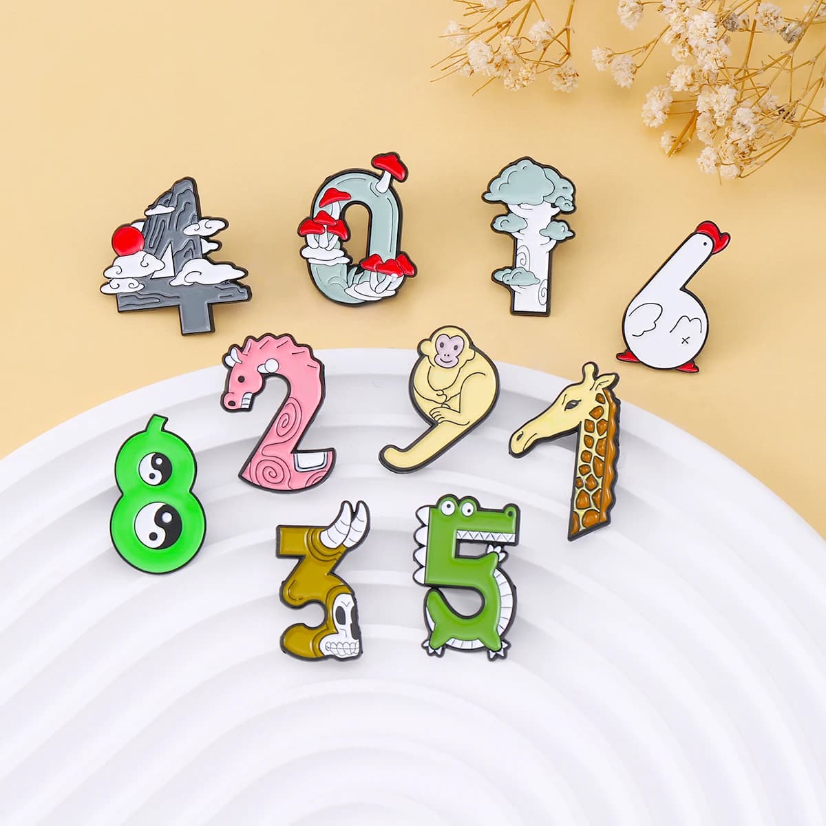 Cute Animal Arabic Number Letters Enamel Pin Goose Monkey Hippocampus Ox Skull Giraffe Yinyang Color Brooches Badges Jewelry