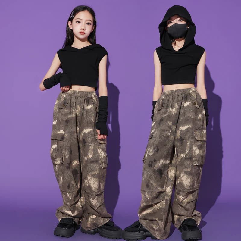 Kids Hip Hop Clothing Hoodie Crop Tank Top with Sleeve Camo Casual Cargo Pants Street Dance for Girl Jazz Dance Costumes Clothes
