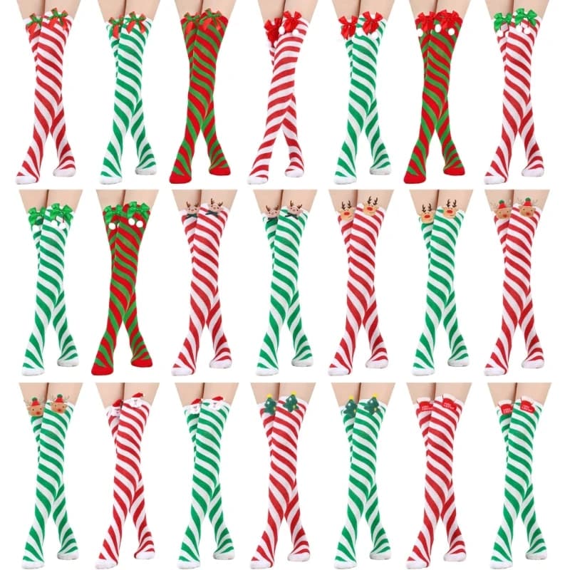 Bow Stripe Stockings Christmas Thigh High Stockings Cosplay Long Tube Stockings M6CD