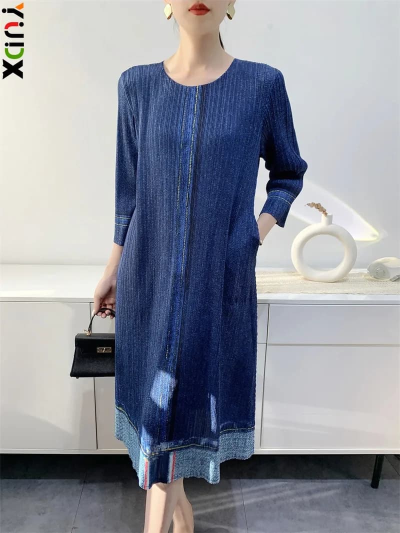 YUDX Women's Dress Denim Color Printed Seven Sleeve Medium Long Pleated Skirt 2024 Autumn New