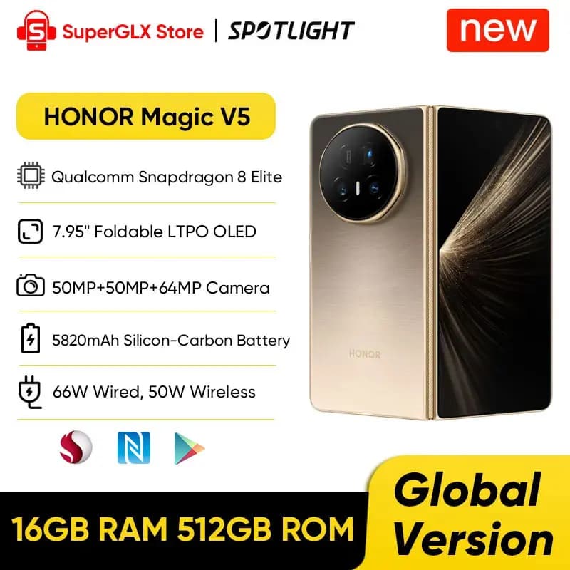 HONOR Magic V5 Global Version 5G Foldable Smartphone Snapdragon 8 Elite 7.95" LTPO OLED Display 5820mAh Battery 66W SuperCharge