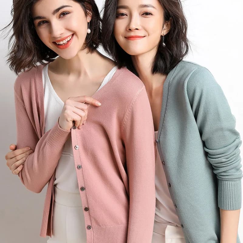 Cardigans Women 2025 Autumn Single Breasted V-neck Knitted Sweater Fashion Short Knitwear Solid Blue Green Pink Women's Jumpers