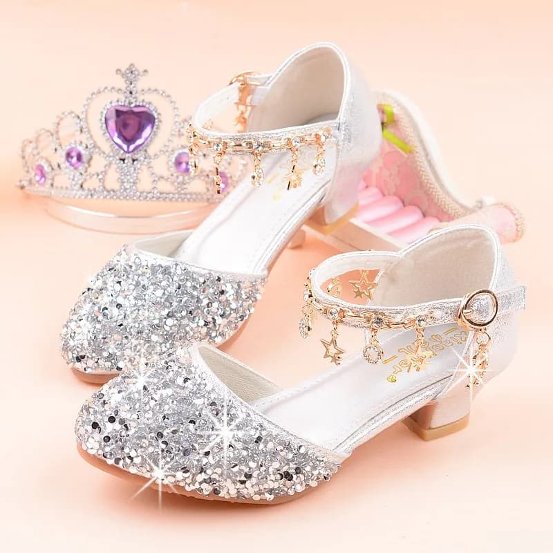 Princess Kids Shoes Girls Sandals 2024 New Casual Glitter Rhinestone Children High Heel Crystal Student Performance Footwear