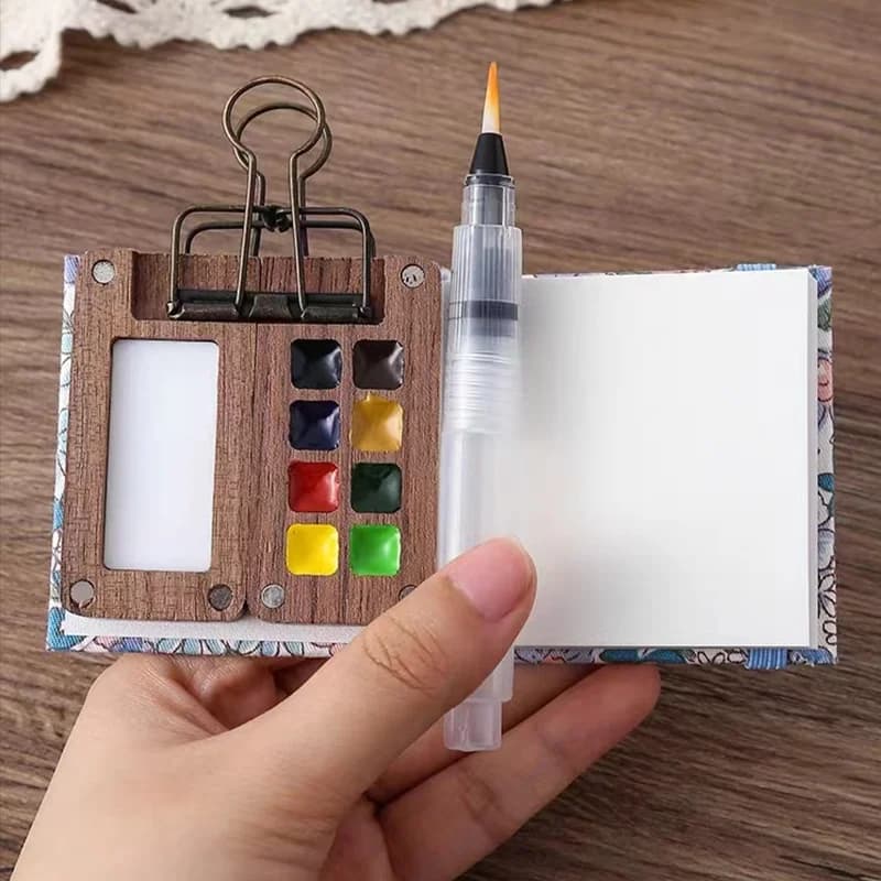 Portable Travel Wooden Handmade 0.5ML Schmincke Watercolor Paint Tray Box Black Walnut Palette Water Colour Brush Book