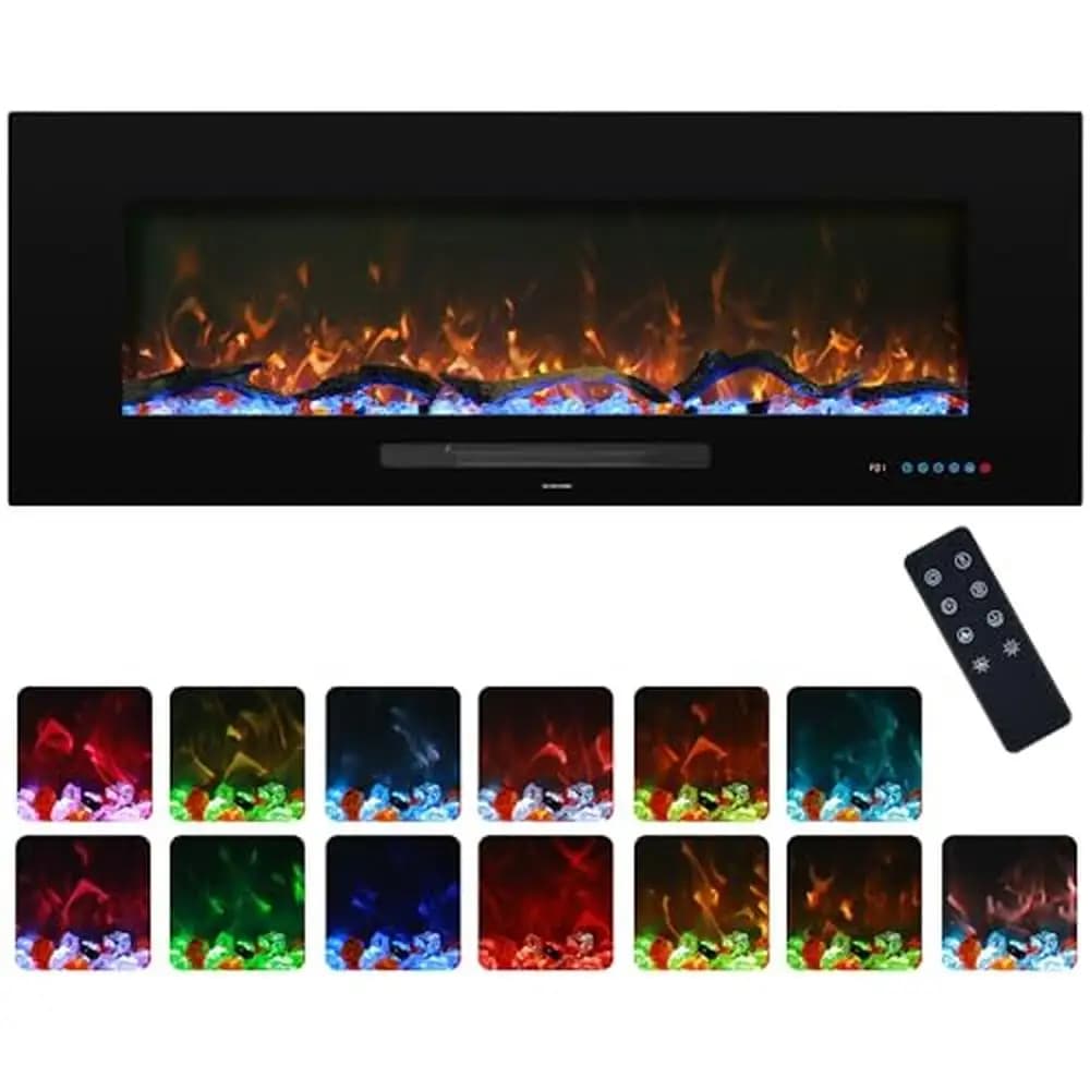 Electric Fireplace Insert Recessed 50" Wall Mounted Heater Remote Control Colorful Flame & Fuel Set Dimerurable Metal Glass Home