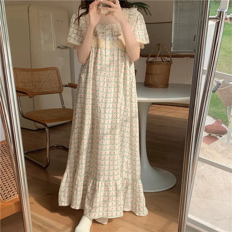 Lace Loose Soft Home Short Sleeve Summer Korean Style NightDress Women Print Kawaii Ethnic style Ins Elegant Casual Sleepwear