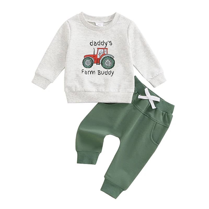 2-Piece Toddler Boys Set Letter Tractor Print Long Sleeve Round Neck Tops Drawstring Pocket Long Pants Outfits