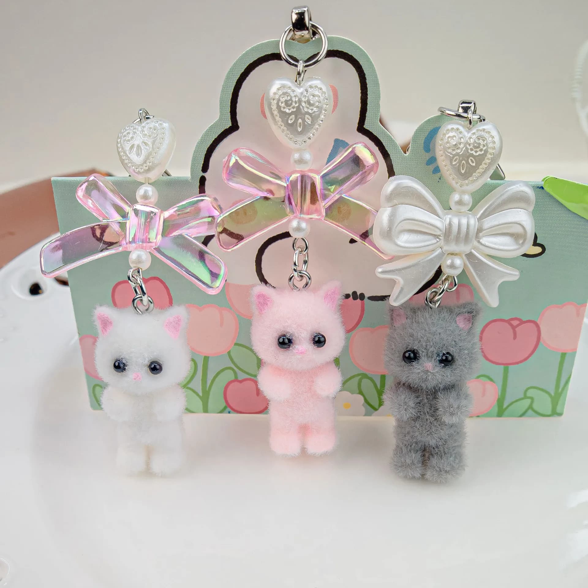 Flocking Bear Cat Pendant Keychain Heart Bow Shaped Key Chain Bowknot Keyring Jewelry Camera Bag Decors Handmade Gift