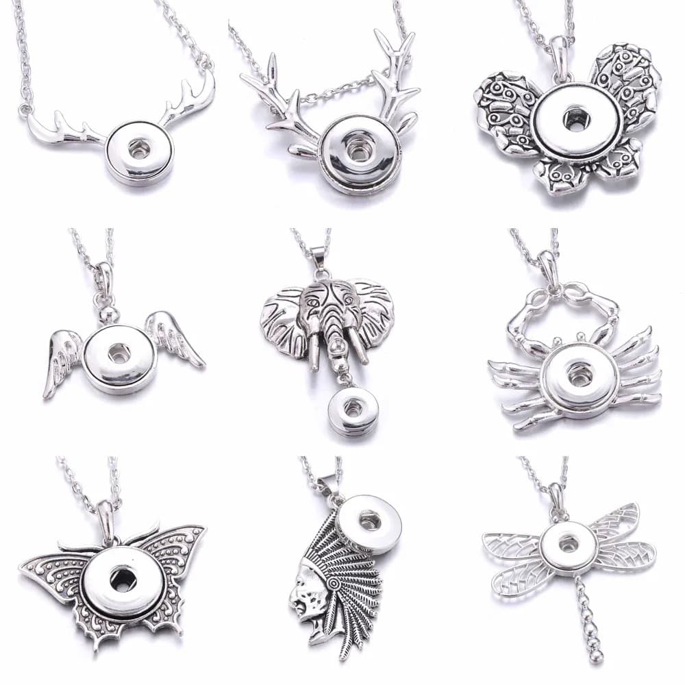 High Quality  Snap Button Jewelry Metal Snap Button Necklaces Butterfly Dragonfly Deer Elephant 18mm Snap Pendant Necklace