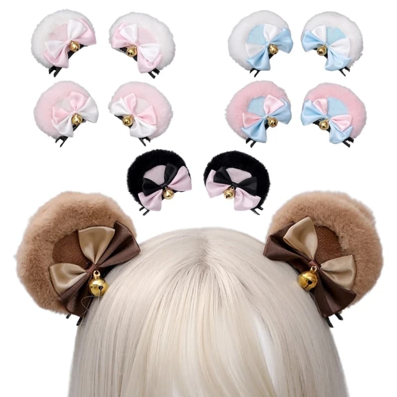 Handmade Faux Fur Round Bear Ears Hair Clip Sweet Double Bowknot Plush Animal Hairpins Anime Dropshipping