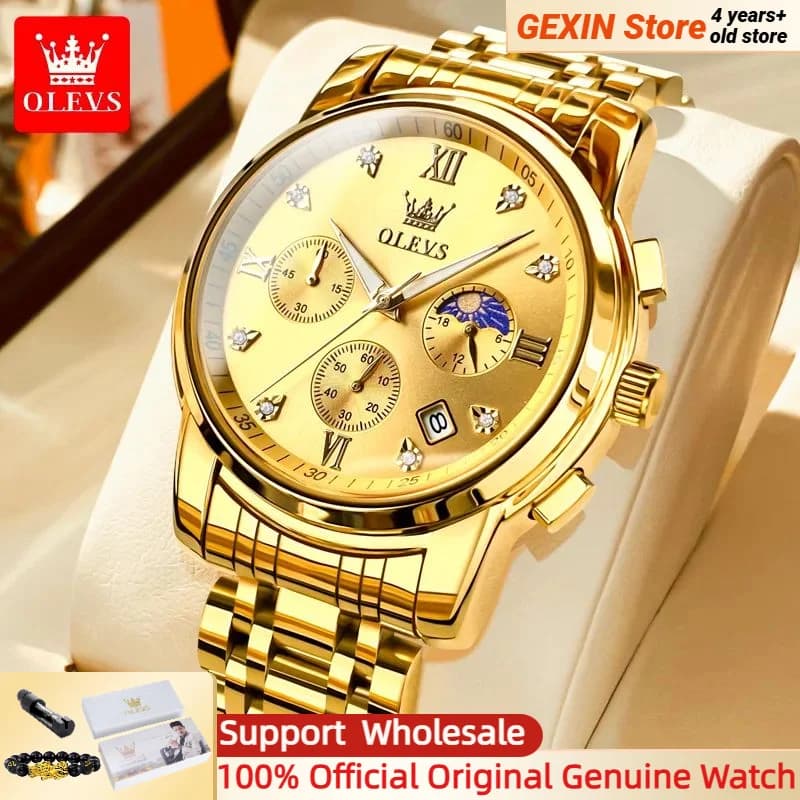 OLEVS 2858 Gold Watch Quartz Watch for Men Moon Phase Chronograph Stainless Steel Strap Waterproof Business Men's Watches